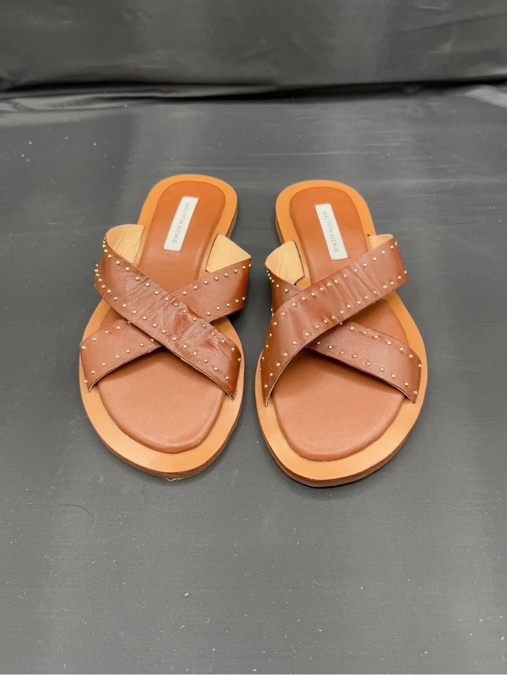 Saks Fifth Avenue Studded Leather Slide Sandals Cognac Boho Luxe 8.5